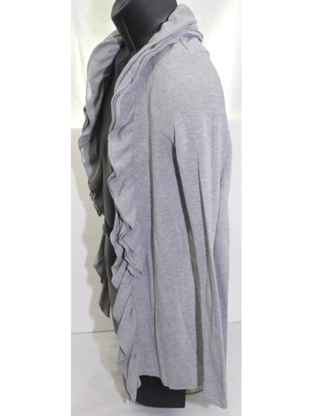 Moa Moa Girl Open Front Waterfall Sweater Shirt Cardigan Ruffles Neck Large Gray